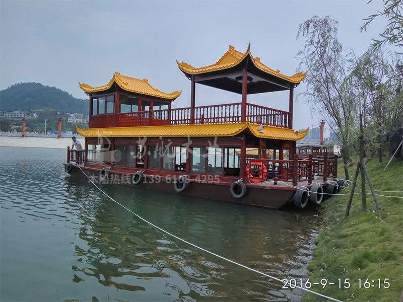贵州黔东南都匀剑江号16米双层餐饮木船 中式仿古画舫船制造